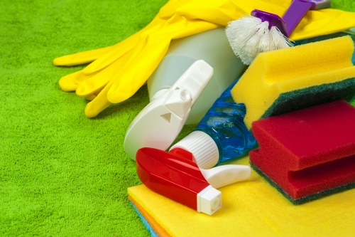 Eco-friendly office cleaning supplies in a workplace