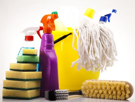 House cleaning supplies arranged for a cleaning routine